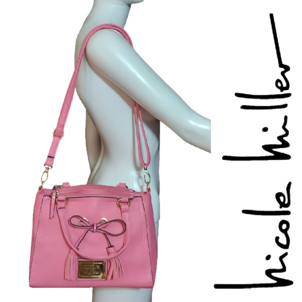 Nicole By Nicole Miller Bubblegum Pink Pebbled Faux Leather Bow Tassel Satchel